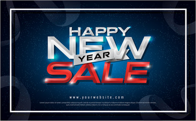 Happy New Year sale typography blue lighting effect on navy background. New year sale Greeting card design with lettering inscription for poster. Vector illustration