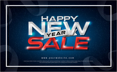 Happy New Year sale typography blue lighting effect on navy background. New year sale Greeting card design with lettering inscription for poster. Vector illustration
