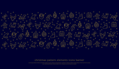 Merry christmas pattern elements icons banner set. Christmas illustration design for card, poster, banner on blue background. editable stroke