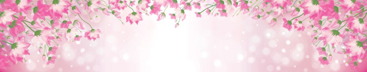 Vector pink floral border on pink bokeh background.