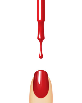 Red nail polish flowing from the brush. Brush for nail polish bottle. Isolated on white background. Female finger with manicure. Vector illustration stylized for a realistic image