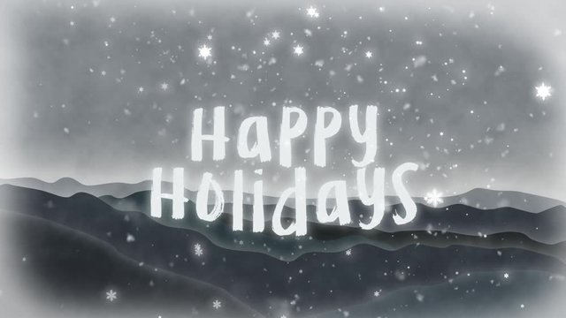 Winter happy holidays scene with mountains, snowflakes and text