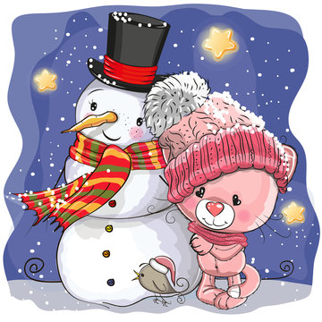 Snowman and Cute Cartoon kitten girl