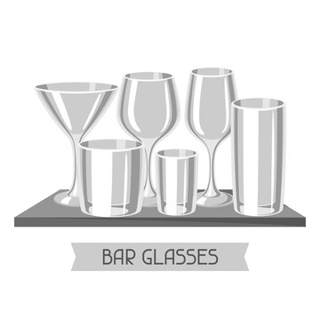 Types of bar glasses. Set of alcohol glassware on shelf