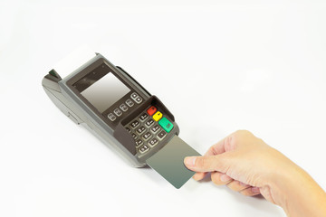 Hand insert a credit card through a credit machine