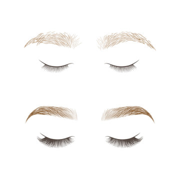 Eyebrows desing and eyelashes extension. Set of well-groomed and shaggy eyebrows. Before and after the care. Closed eyes with long eyelashes. Vector illustration