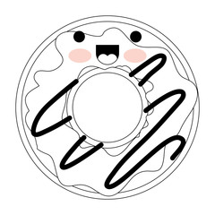 kawaii donut with cream glazed in monochrome silhouette on white background
