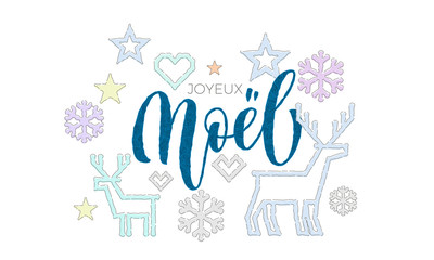 Joyeux Noel French Merry Christmas knitted calligraphy font and decoration for holiday greeting card design. Vector Christmas deer, snowflake decoration embroidery pattern on New Year white background