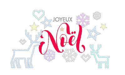 Joyeux Noel French Merry Christmas calligraphy font and embroidery decoration for holiday greeting card design. Vector Christmas deer, snowflake New Year decoration knitted pattern on white background