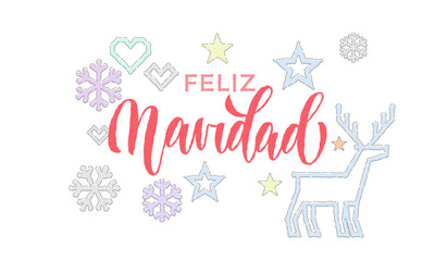 Feliz Navidad Spanish Merry Christmas knitted calligraphy font decoration for holiday greeting card design. Vector Christmas deer, snowflake decoration embroidery pattern on New Year white background
