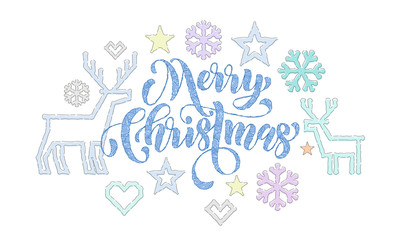 Merry Christmas knitted calligraphy font and decorations for holiday greeting card design. Vector Christmas deer, snowflake and star decoration embroidery pattern on New Year white background