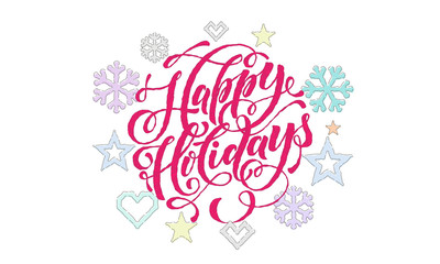 Happy Holidays calligraphy font and embroidery decorations for greeting card design. Vector Christmas deer, snowflake and New Year star decoration knitted pattern on white Xmas background