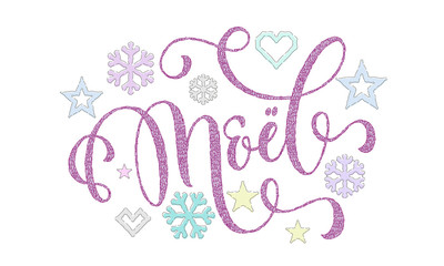 Joyeux Noel French Merry Christmas knitted calligraphy font and decoration for holiday greeting card design. Vector Christmas deer, snowflake decoration embroidery pattern on New Year white background