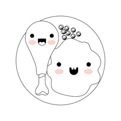 kawaii food plate with chicken thigh with peas and rice in monochrome silhouette on white background