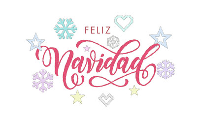 Feliz Navidad Spanish Merry Christmas calligraphy font embroidery decoration for holiday greeting card design. Vector Christmas deer, snowflake New Year decoration knitted pattern on white background