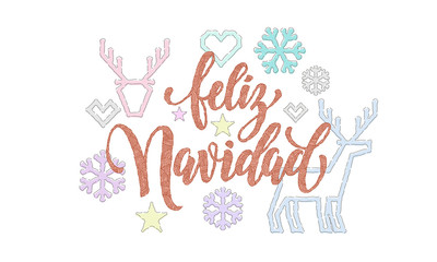Feliz Navidad Spanish Merry Christmas embroidery font decoration for holiday greeting card design. Vector Christmas knitted calligraphy text, New Year deer or snowflake decoration on white background