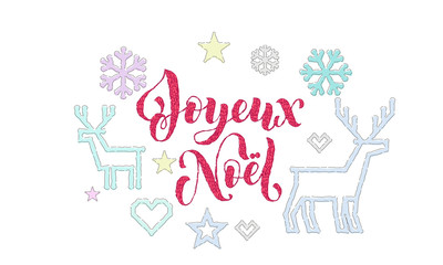 Joyeux Noel French Merry Christmas embroidery font and knitted decoration for holiday greeting card design. Vector Christmas calligraphy text, deer or snowflake decoration on white New Year background