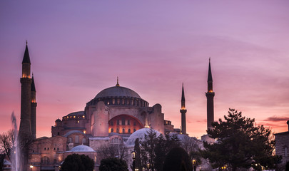 Hagia Sophia church , mosque and now museum in Istanbul Turkey exterior view at sunset view from...
