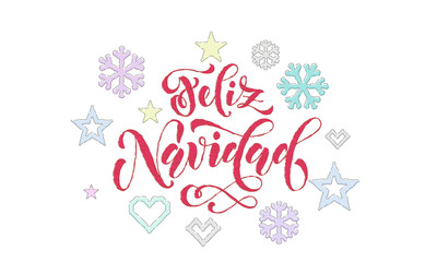 Feliz Navidad Spanish Merry Christmas knitted calligraphy font decoration for holiday greeting card design. Vector Christmas deer, snowflake decoration embroidery pattern on New Year white background
