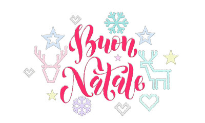 Buon Natale Italian Merry Christmas embroidery font and decoration for holiday greeting card design. Vector Christmas knitted calligraphy text, New Year deer or snowflake decoration white background