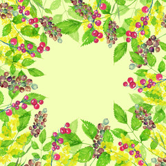     Watercolor abstract background with a floral pattern. Green, yellow, blue splash of paint, leaves, plants. Berries of currants, mimosa, yellow wild flower. Red currant. Watercolor vintage card