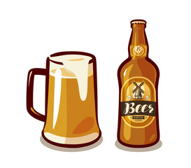 Mug of craft beer with foam, bottle ale or lager. Bar, pub, alcoholic beverages, drinks concept. Vector illustration