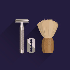 Fototapeta na wymiar A set of men's accessories for shaving. T-shape razor, blade and shaving brush. Double edge blade razor shaver. Flat vector illustration