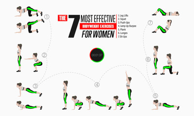 Set of sport exercises. Exercises with free weight. Leg lifts, Squats, Push-Ups, Burpee, Plank, Lunges, Sit-Ups. Illustration of an active lifestyle Vector