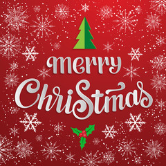 Fototapeta na wymiar Hand drawn lettering - Merry Christmas. Elegant handwritten calligraphy for Christmas holidays. Volumetric letters with shadow and snowflakes. For cards, invitations, prints etc.