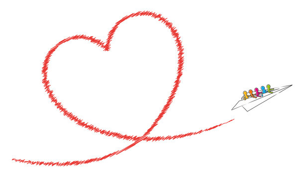 Papierflugzeug mit einem Team von Strichmännchen fliegt ein rotes Herz / Vektor-Zeichnung, freigestellt