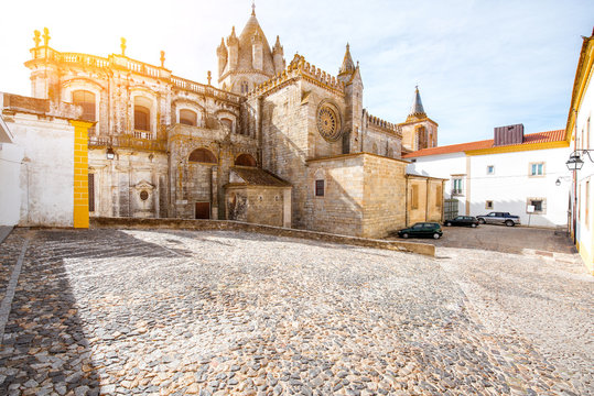 View on the main cathedral in the old town of Evora city, Portugal