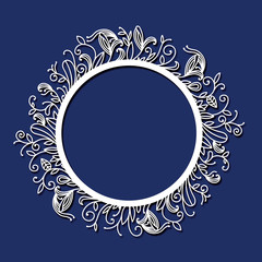 laser cutting abstract round frame with external decoration of branches with leaves in dark blue background