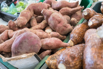 Red-brown yam for sale at local farmers market in Lisbon. Portugal