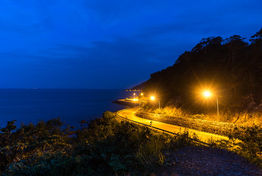 early morning at viewpoint and beautiful road beside sea