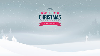 Merry Christmas and New Year 2018 vintage badge on the winter evening landscape background with trees. Holiday background with falling snow. Fir tree forest with fog. Greeting card, banner. Vector. 