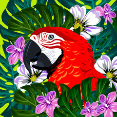 Portrait of a macaw parrot in thickets of tropical flowers