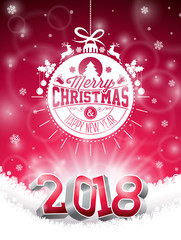 Vector Christmas and 2018 Happy New Year Illustration on Shiny Red Background with Holiday Typography Element and 3d Number. Holiday Design for Premium Greeting Card, Party Invitation or Promo Banner.