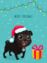 Vector color illustration of christmas dog. Christmas card. Cute black pug in Santa's hat. Symbol of 2018.