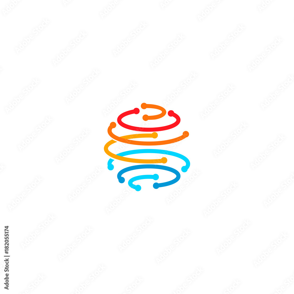Poster Sphere from colorful lines with points in the nodes, forming planet earth shape. Communication globe network technology, vector abstract logo.