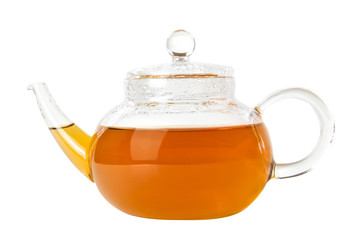 Teapot full of vibrtant tea, isolated on white, side view