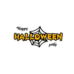 Yellow blurry text, similar to pumpkin sauce. Against the background of a stylized black cobweb. Cartoon style for the comics, the name of the party for the celebration of Halloween. Vector logo.