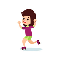 Happy little girl character skating on rollerblades, kids physical activity cartoon vector Illustration