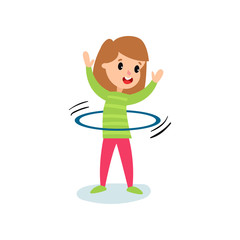 Fototapeta premium Smiling little girl character spinning a hula hoop around the waist, kids physical activity cartoon vector Illustration