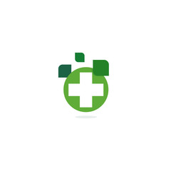 Green cross logo, eco healing herbs pharmacy, isolated vector logotype template on white background.