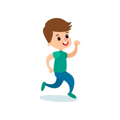 Smiling little boy character running, kids physical activity cartoon vector Illustration