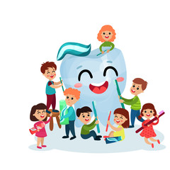 Cute little boys and girls having fun and cleaning giant happy tooth character with toothbrush and toothpaste, dental care and health cartoon vector Illustration