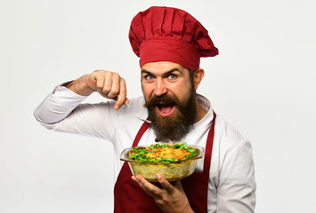 Man with beard on white background. Cook with cheerful face