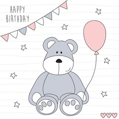 cute teddy bear with balloon happy birthday vector illustration