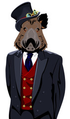 Portrait of boar in the men's business suit and hat