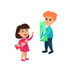 Cute little boy and girl characters standing with toothpaste cartoon vector Illustration